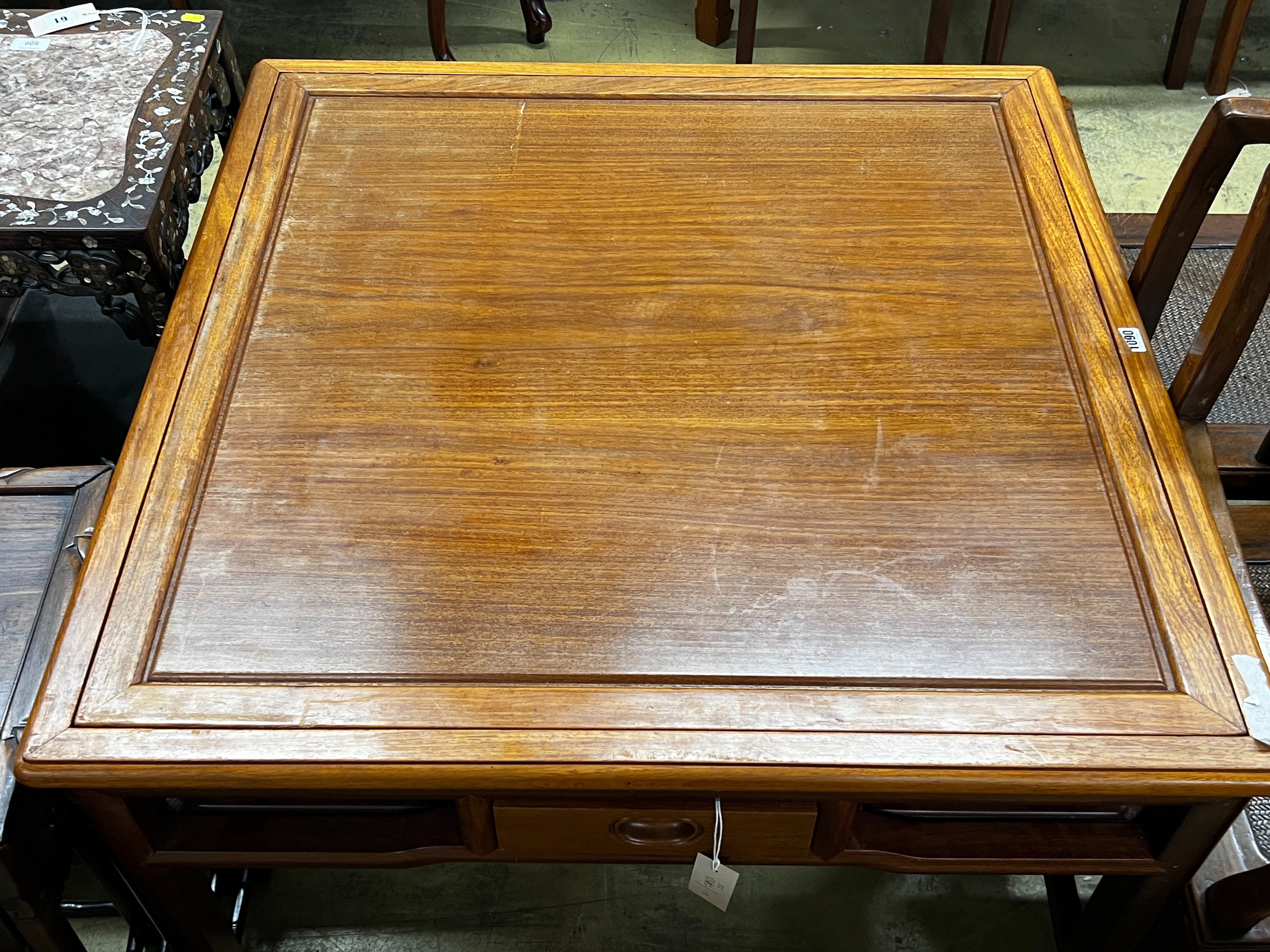 A Chinese square padouk wood four drawer gaming table, width 91cm, height 73cm